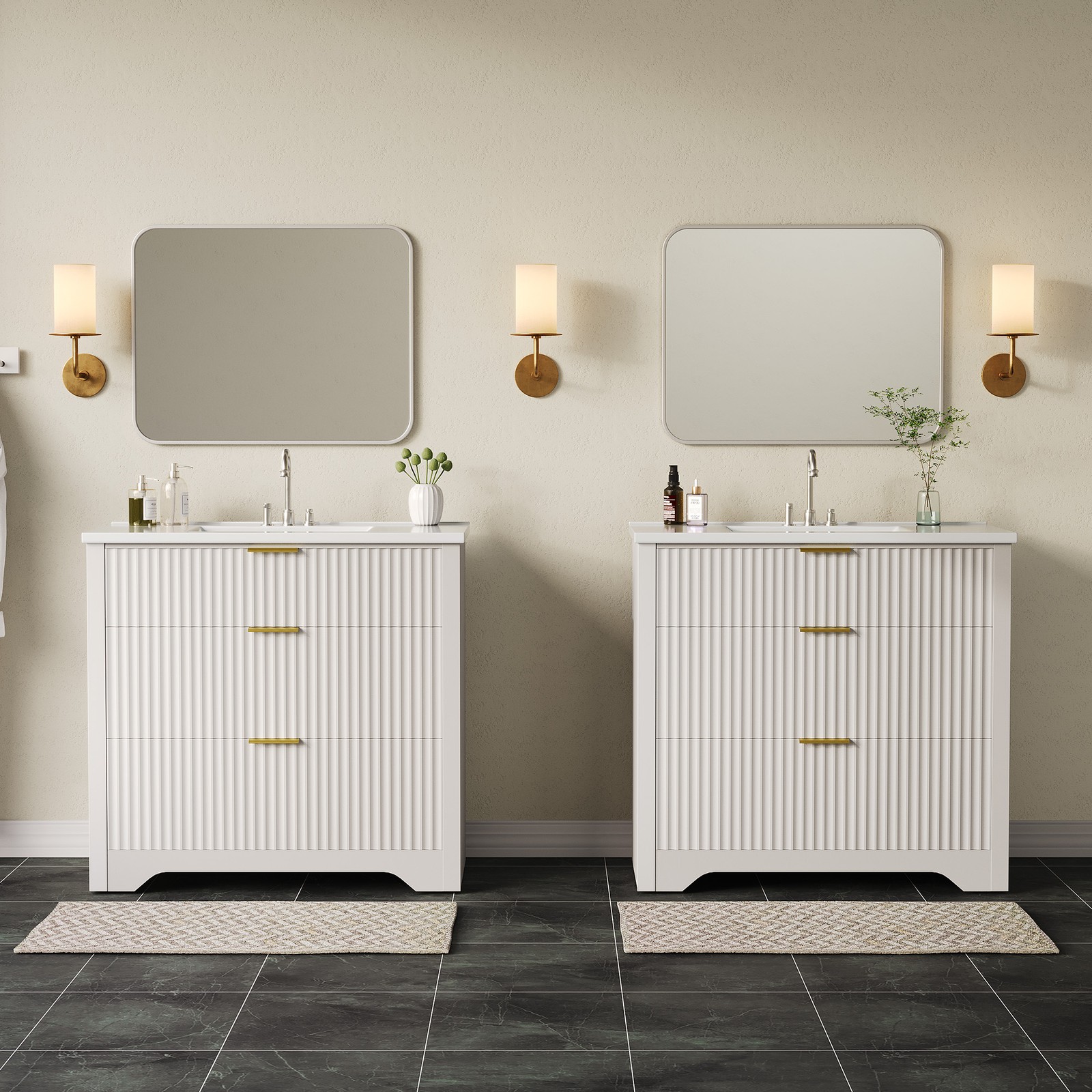 36” Fluted Bathroom Vanity Modern Freestanding Cabinet with Sink & 3 Drawers