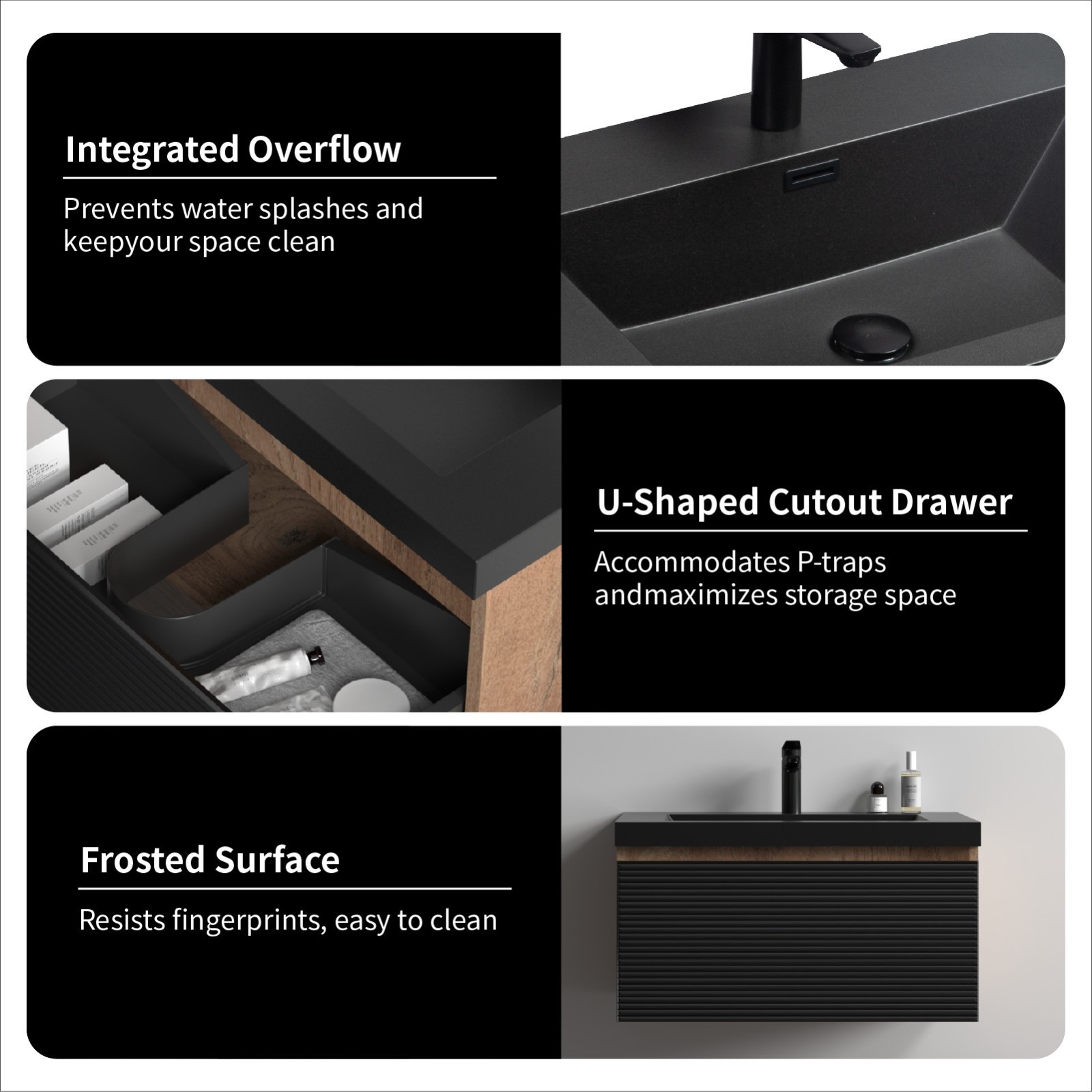 30” Bathroom vanity set floating vanity oak and black quartz sands basin top