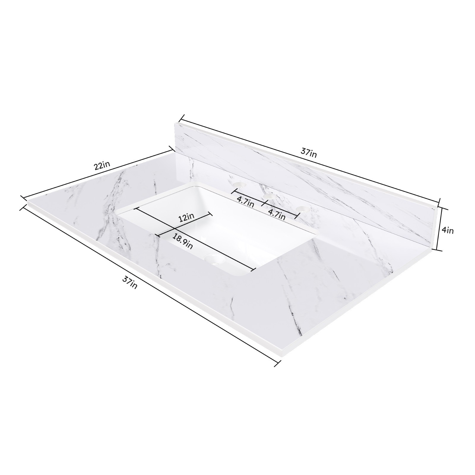 37″ White Marble Vanity Top w/ Undermount Sink, 3 Holes, 4″ Backsplash