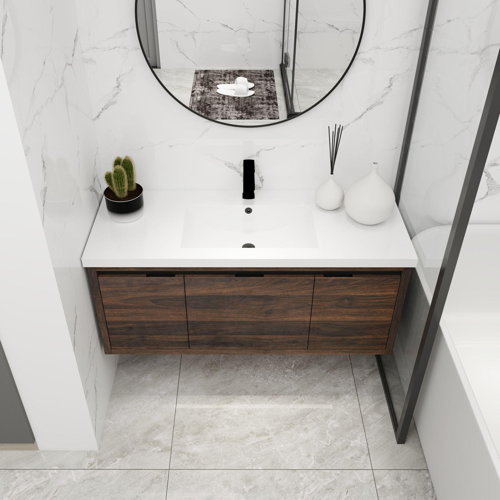 48Inch Floating Wall Mounted Bathroom Vanity Cabinet W/ Sink Doors Drawer Walnut