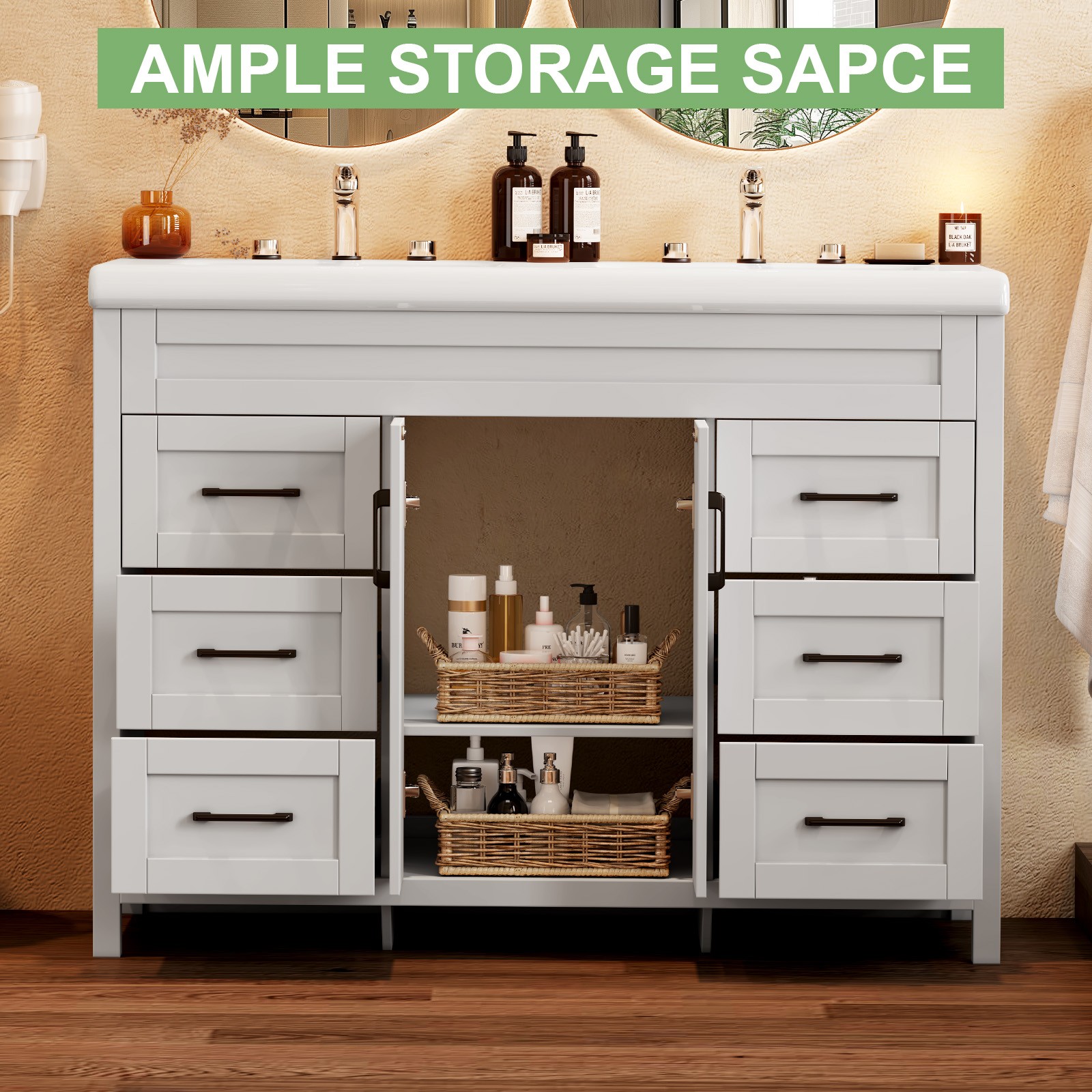 White Bathroom Vanity Double Sink Freestanding Cabinet with Storage Drawers