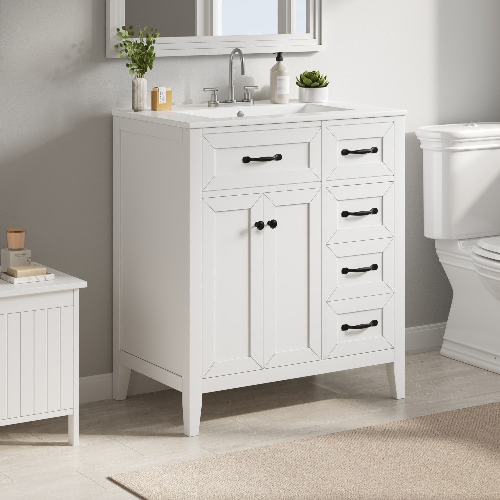 30″ White Bathroom Vanity with Ceramic Sink Freestanding Vanity with Black Metal
