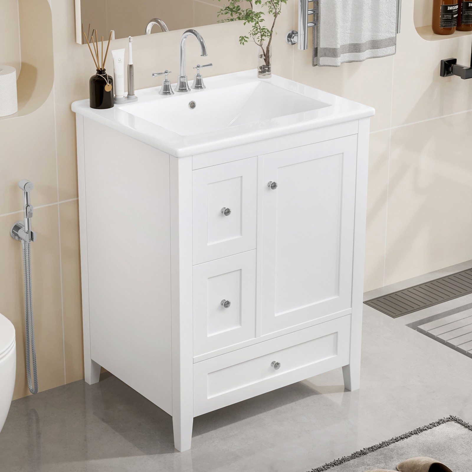 24″ Bathroom Vanity w/Storage, Adjustable Shelf Modern Bathroom Storage Cabinet
