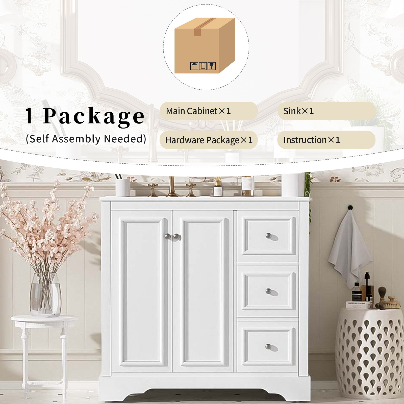 36″ White Transitional Bathroom Vanity with Ceramic Sink