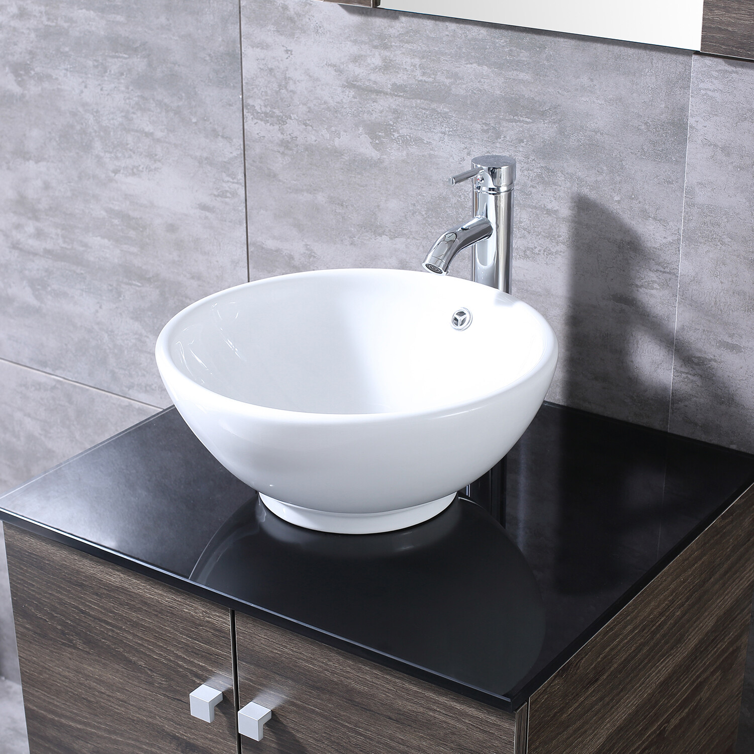 24″ Bathroom Vanity Wood Cabinet Ceramic Sink Brown Mirror Combo w/Faucet Drain