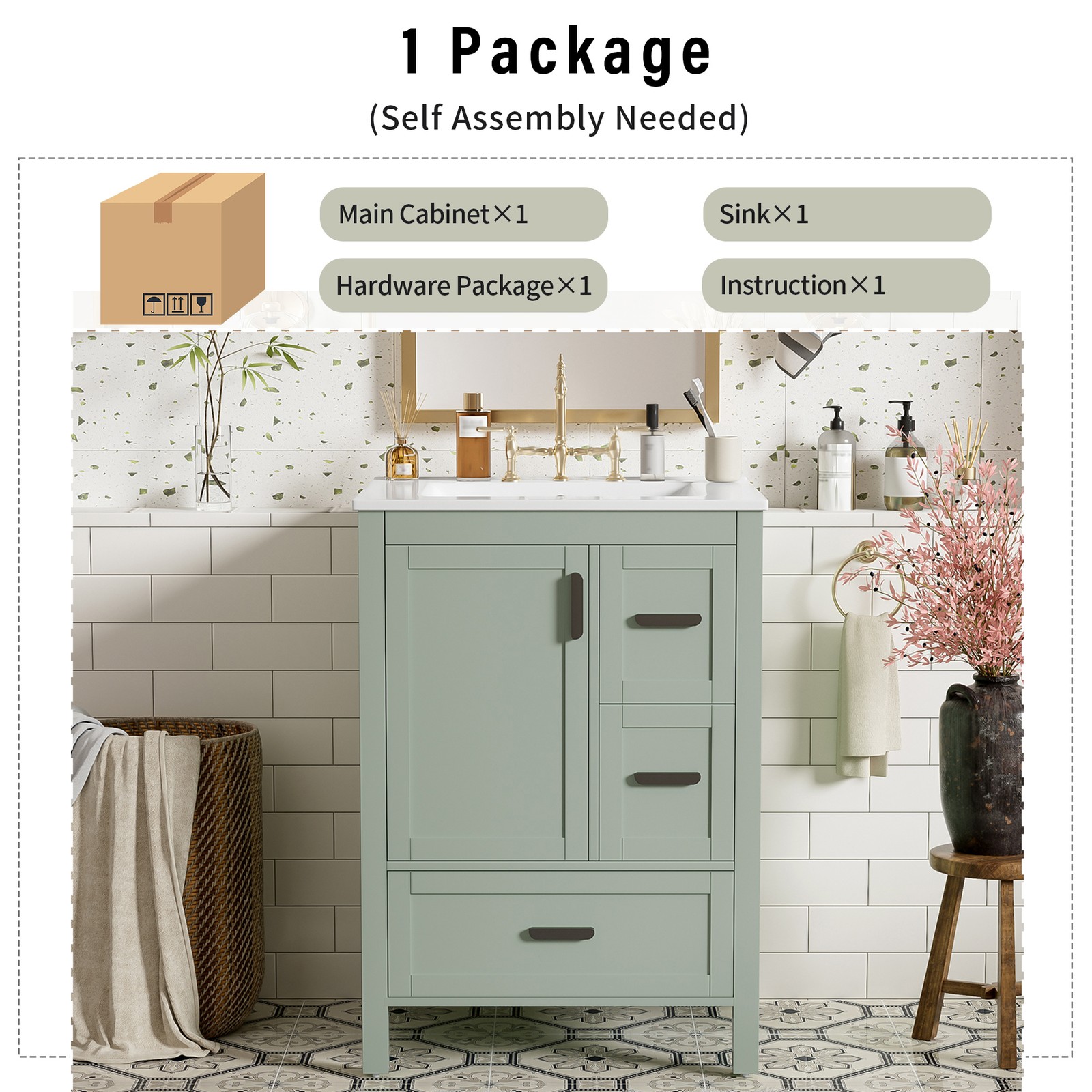 24″ Bathroom Vanity w/Ceramic Sink Modern Freestanding Vanity Cabinet w/3 Doors