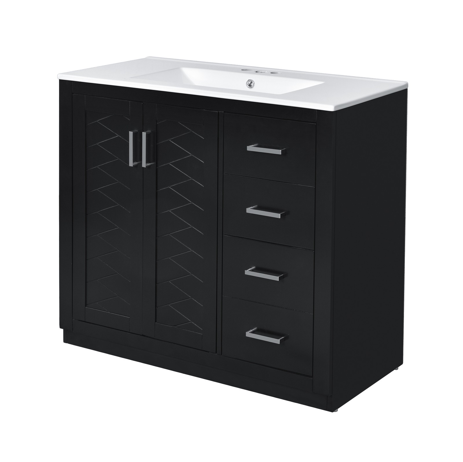 36″ Bathroom Vanity with Ceramic Sink, Solid Wood Frame, 3 Drawers, Black