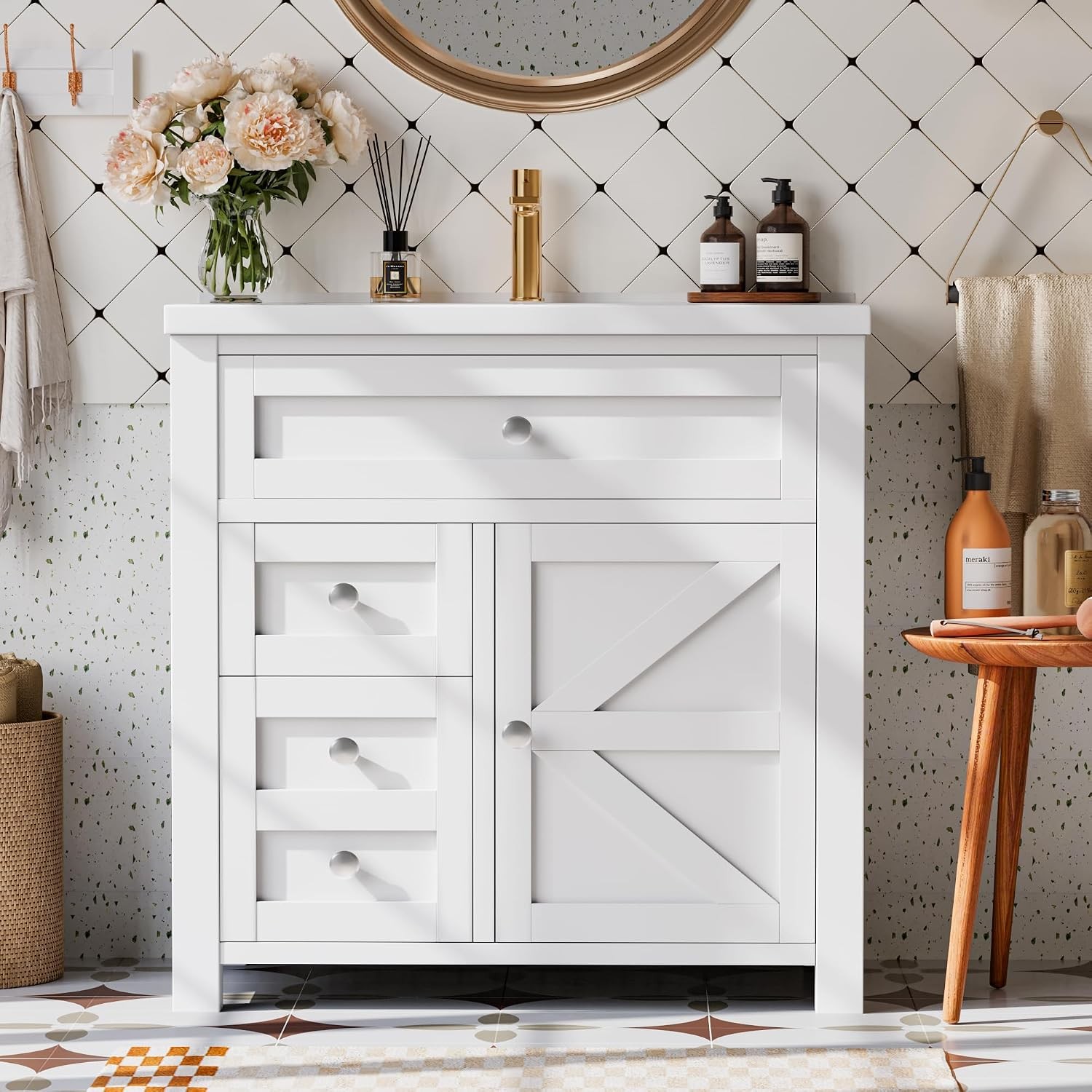 Bathroom Vanity with 30″ Sink Modern Wood Pedestal Bathroom Spacious Storage