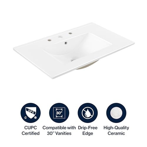 Classic Contemporary 30″ Rectangular Ceramic Vanity Top – 3-Hole Sink Basin, Whi
