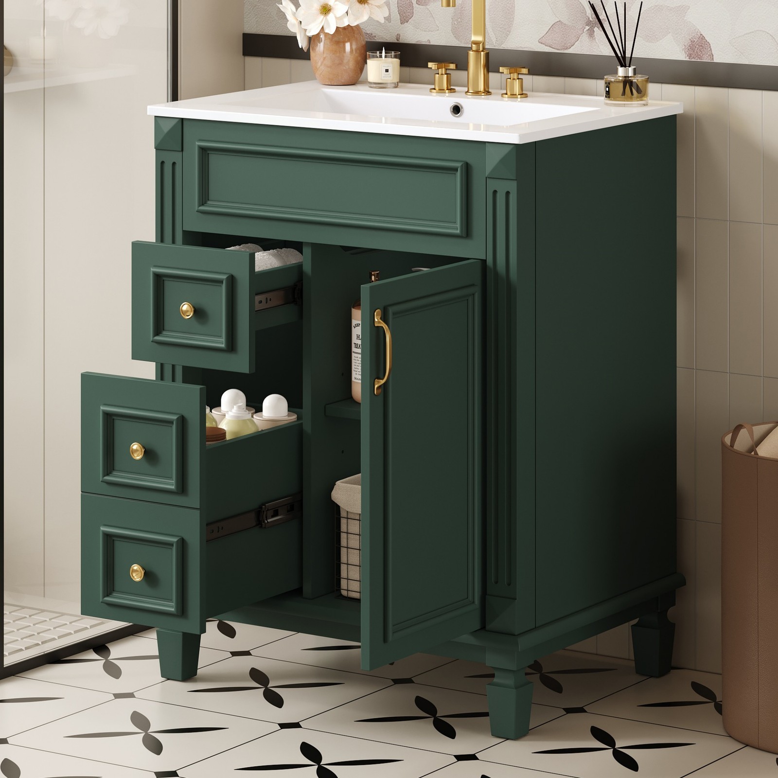 24″ Bathroom Vanity with Ceramic Sink, 2 Drawers, Adjustable Shelf