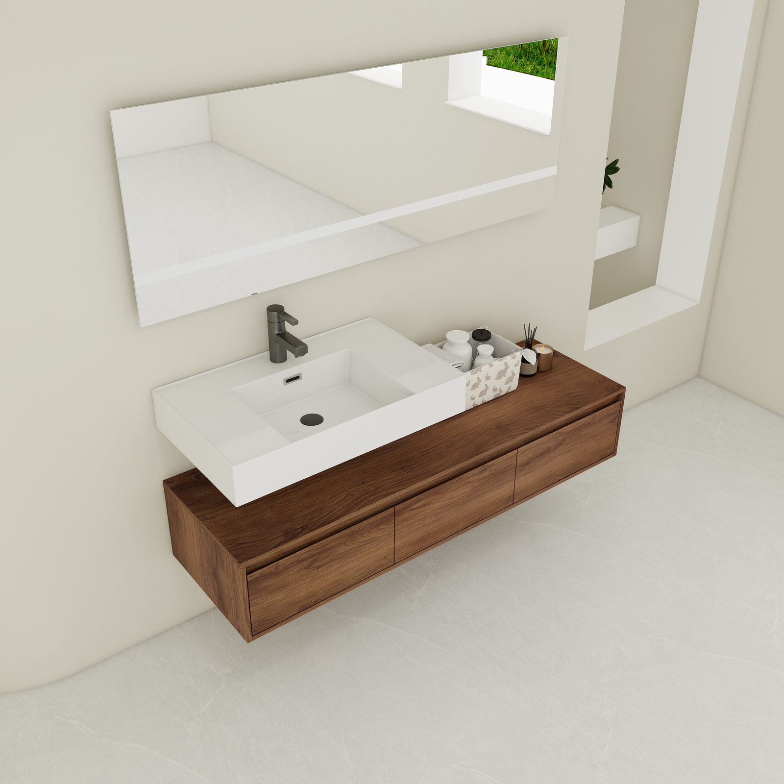 60 in Wooden Floating Wall-Mounted Bathroom Vanity W/ Single Resin Sink +Drawers