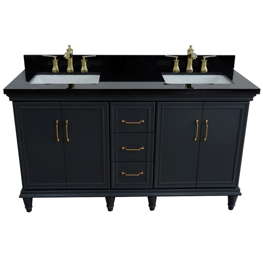 61 in. Double Wooden Vanity Dark Gray Black Galaxy Granite Rectangle Sink