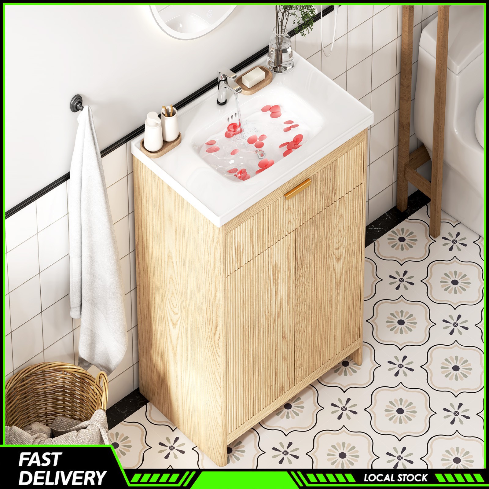 23.6 Inch Bathroom Vanity Wooden Freestanding Cabinet Ceramic Sink for Bathroom