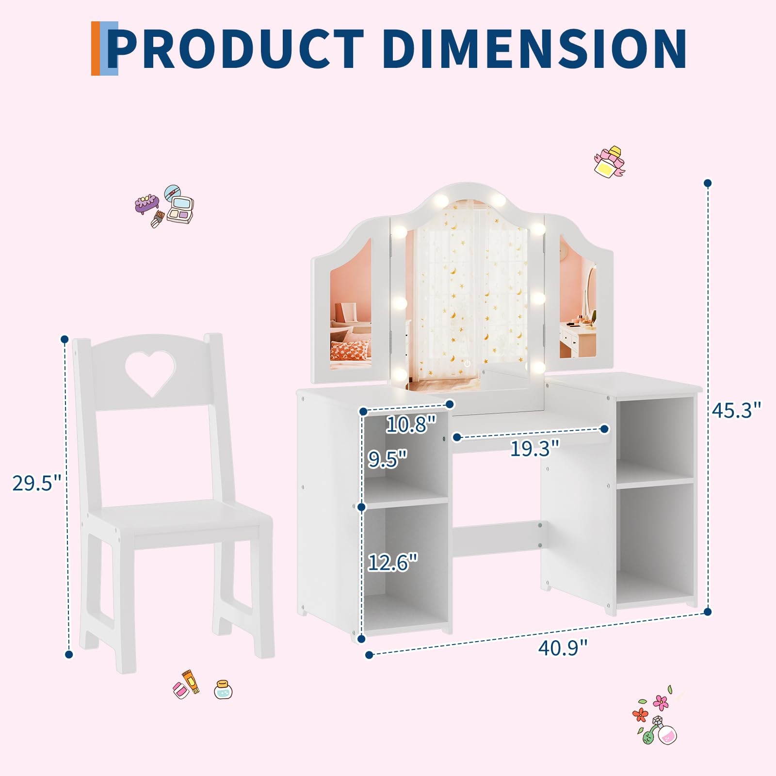 2-in-1 Kids Vanity Table with Tri-Fold Lighted Mirror Chair Storage