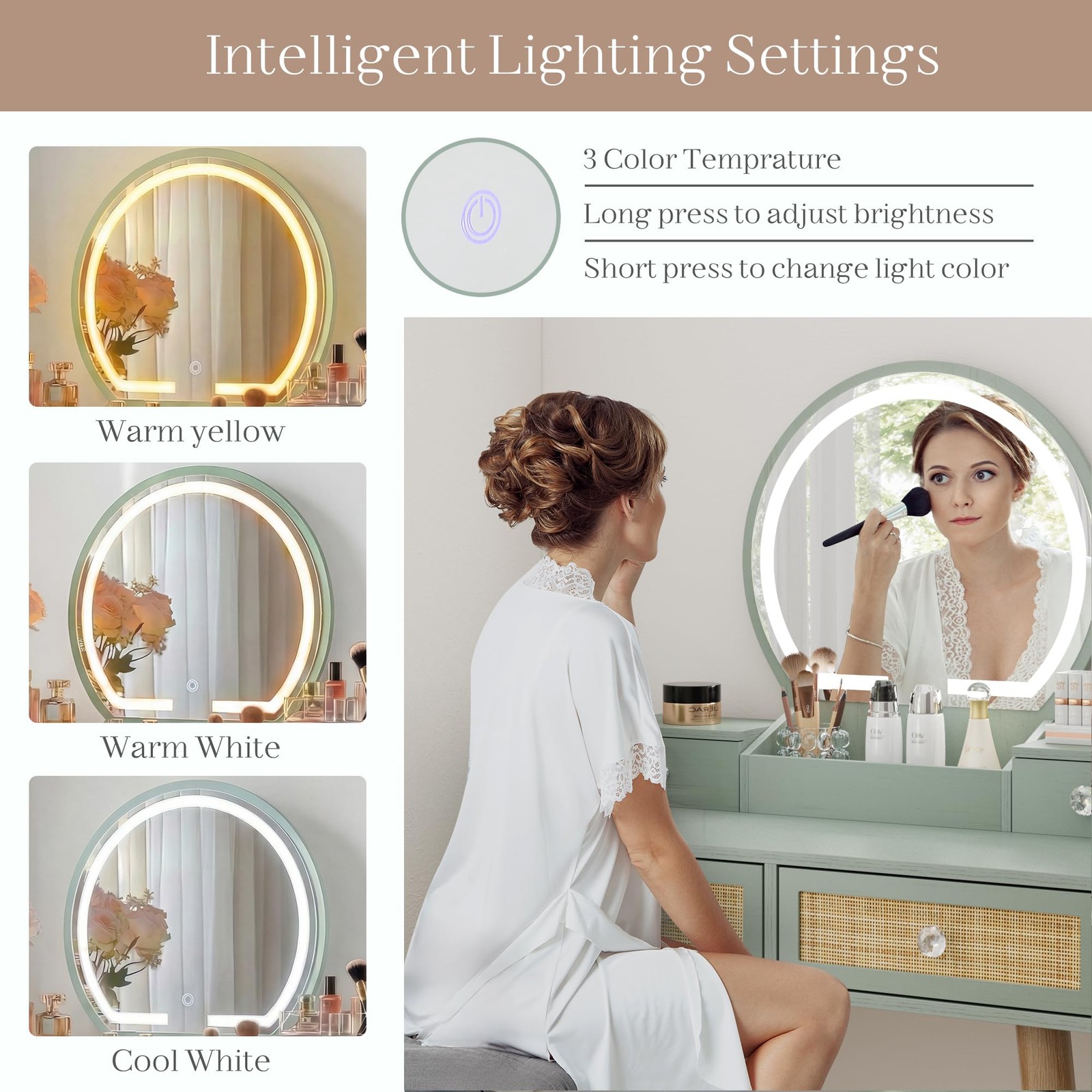 31″ Boho Natural Rattan Vanity Desk Set with 3-Mode Lighted Mirror & Stool Mint