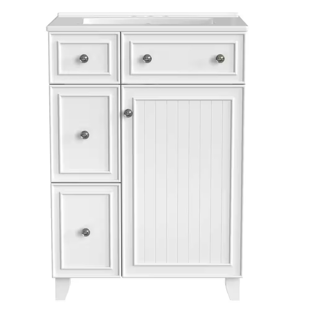 24 In. W Single Sink Freestanding Bath Vanity in White with White Ceramic Top an