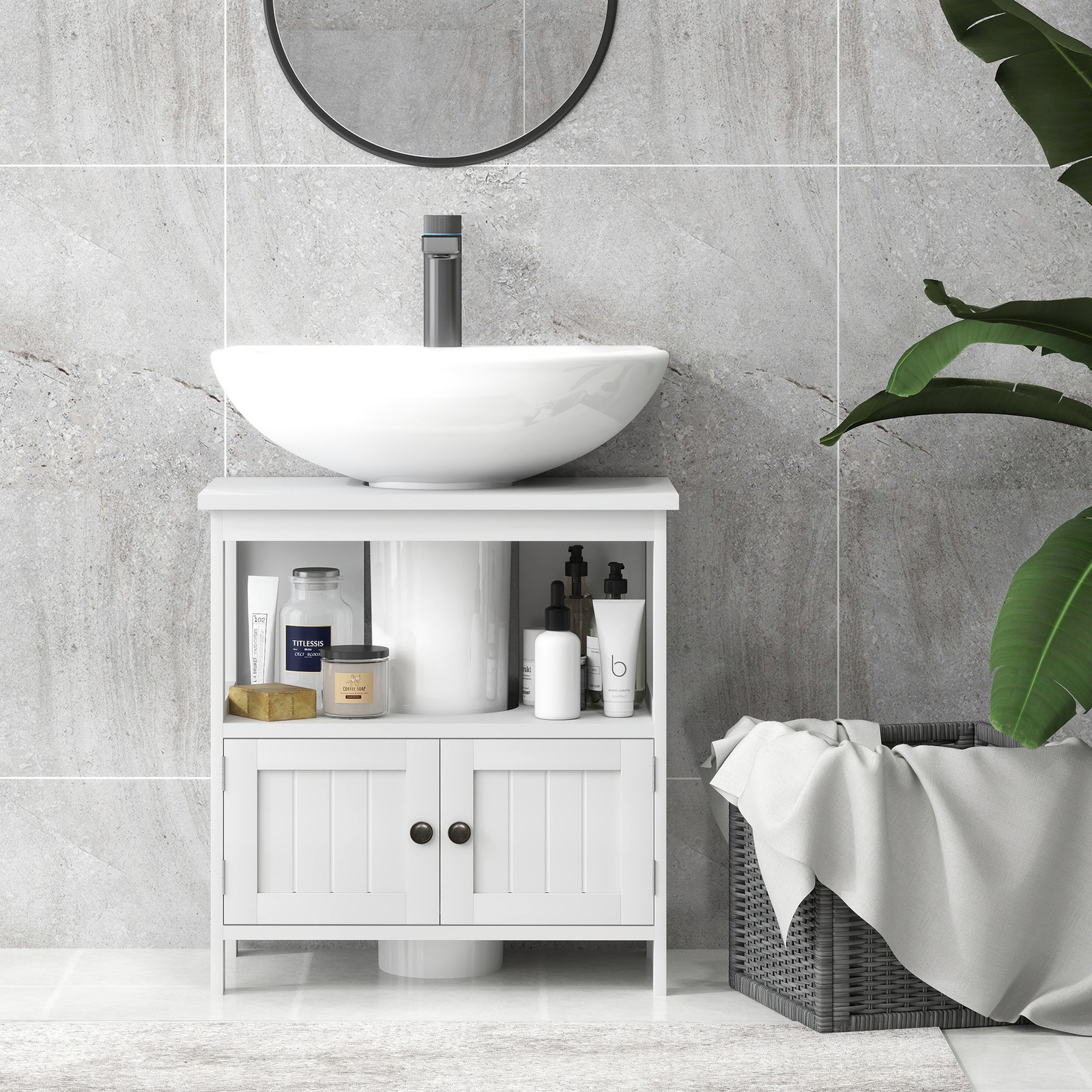 Pedestal Under Sink Cabinet w/ Doors, Storage Organizer, White, Used