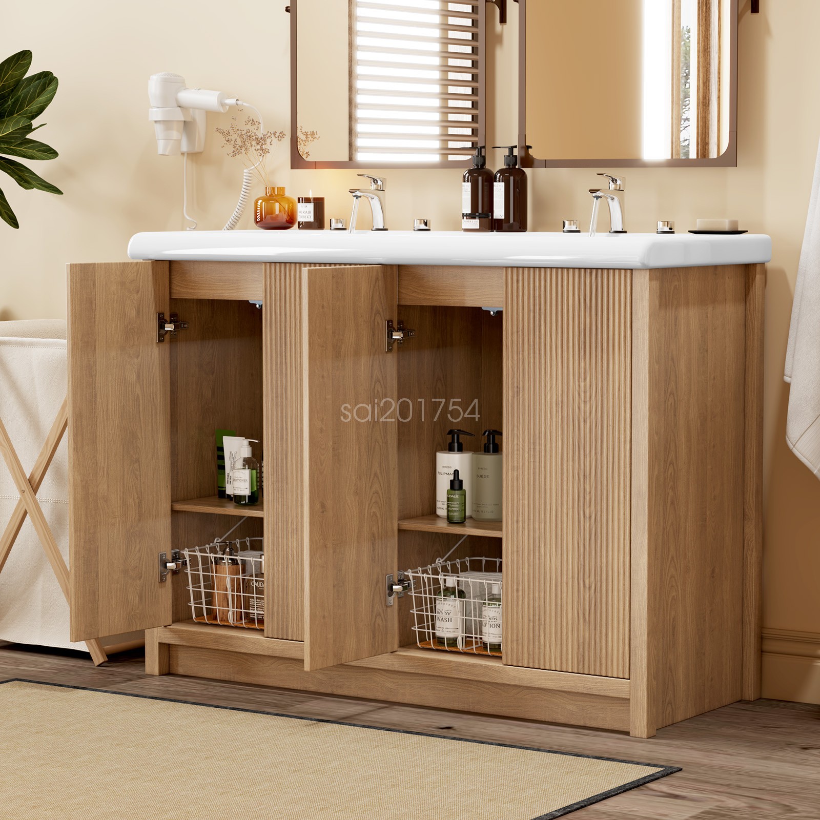 47.3″ Double Sink Bathroom Vanity Wood Grain Modern 2 Basin Storage Cabinet