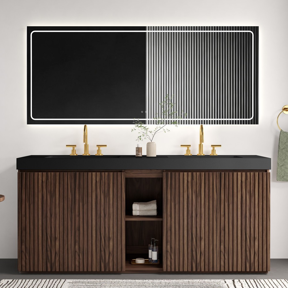 72″ Bathroom Vanity w/Double Sink,Freestanding Vanity 4 Door Cabinet, Shelves