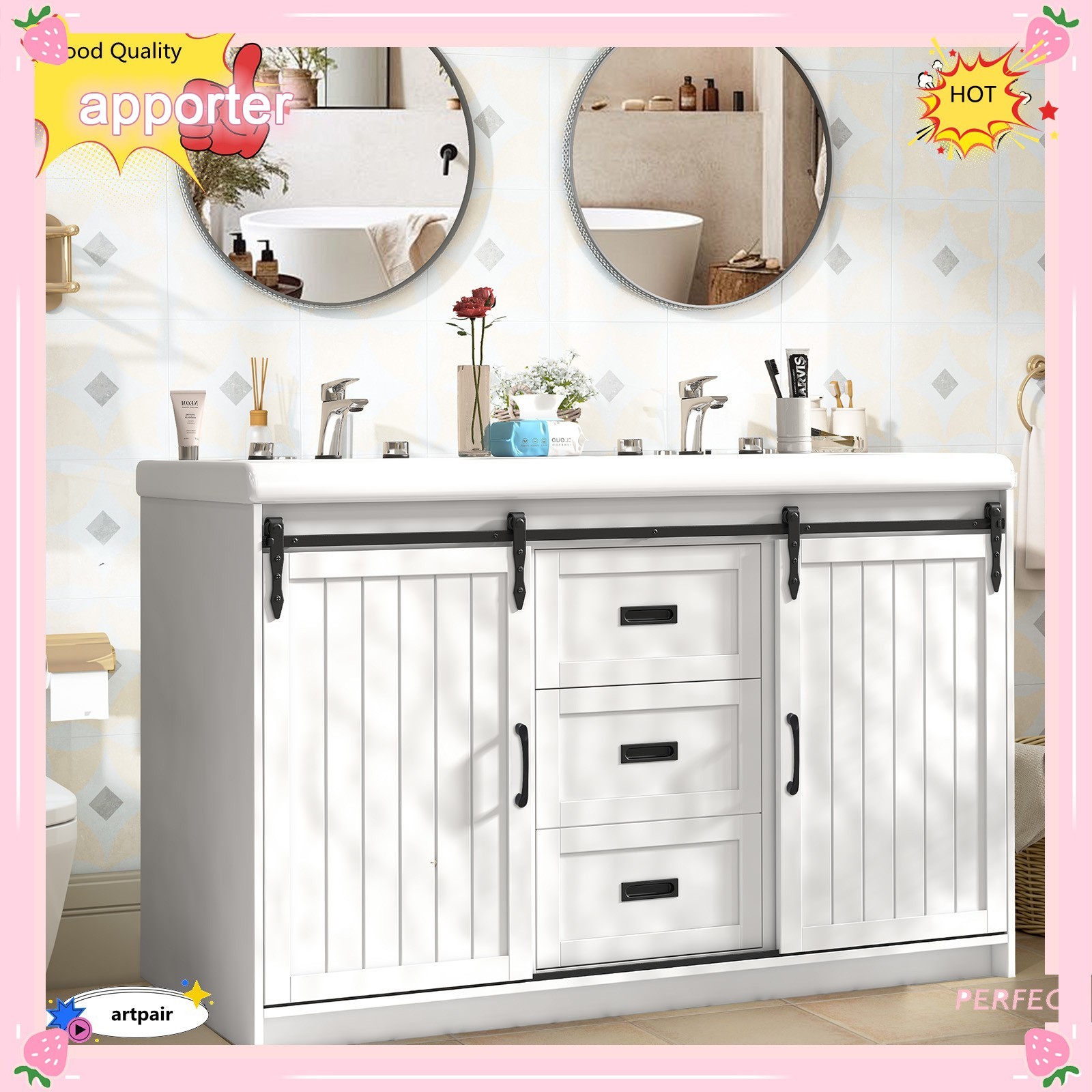 47″ Bathroom Vanity Cabinet Freestanding Storage Compartment + 2 Ceramic Sink