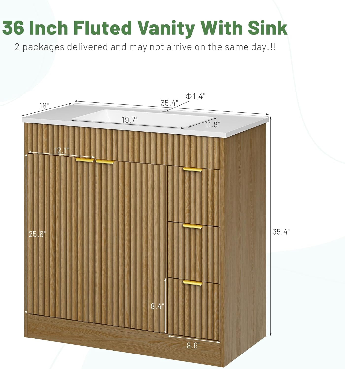 36 Inch Bathroom Vanity with Sink, Modern Fluted Bathroom Vanity with Sink with
