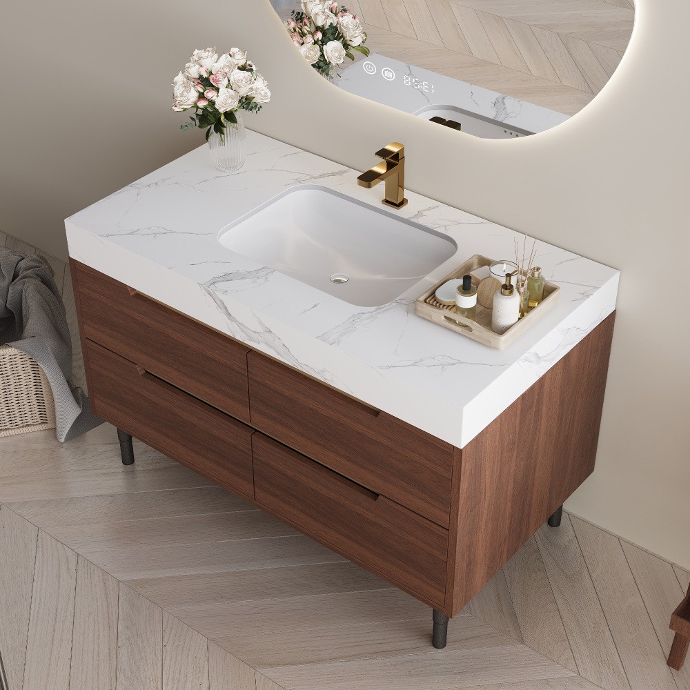 35.4″ Farmhouse Bathroom Vanity w/Sintered Stone Top，4 Drawers，Wall/Floor Mount