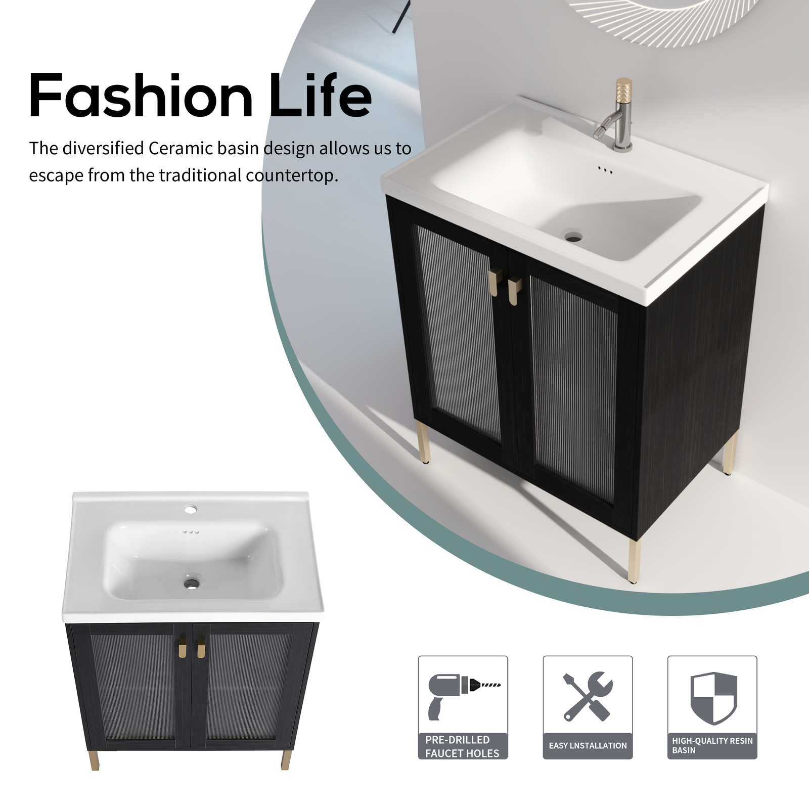 28″Wood Freestanding Bathroom Vanity Cabinet Ceramic Sink Basin Black Metal Legs