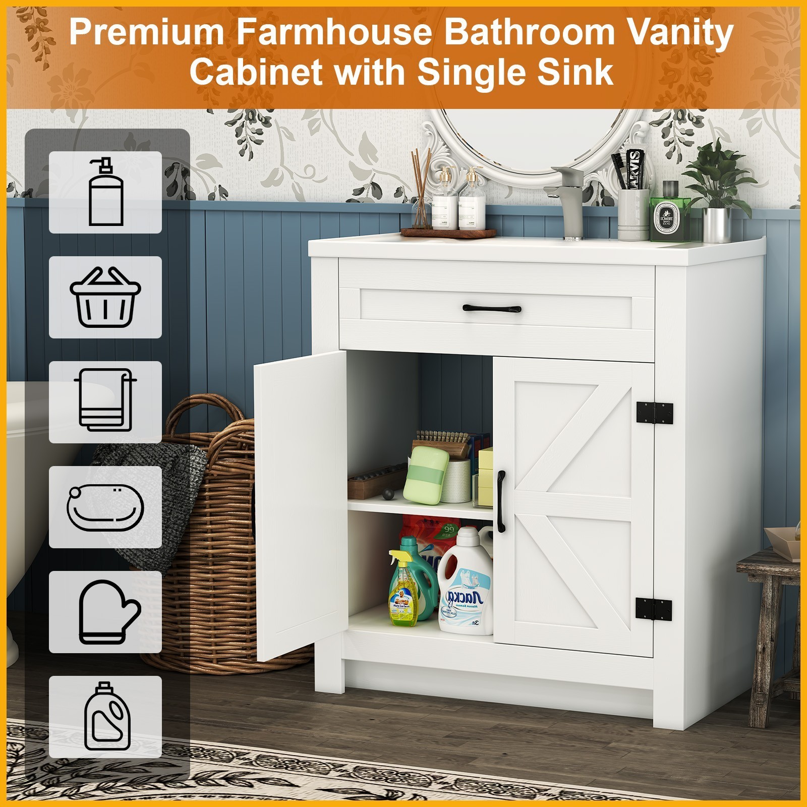 23” Bathroom Vanity with 2 Doors Bathroom Cabinet Vessel Sink Faucet Drain Set