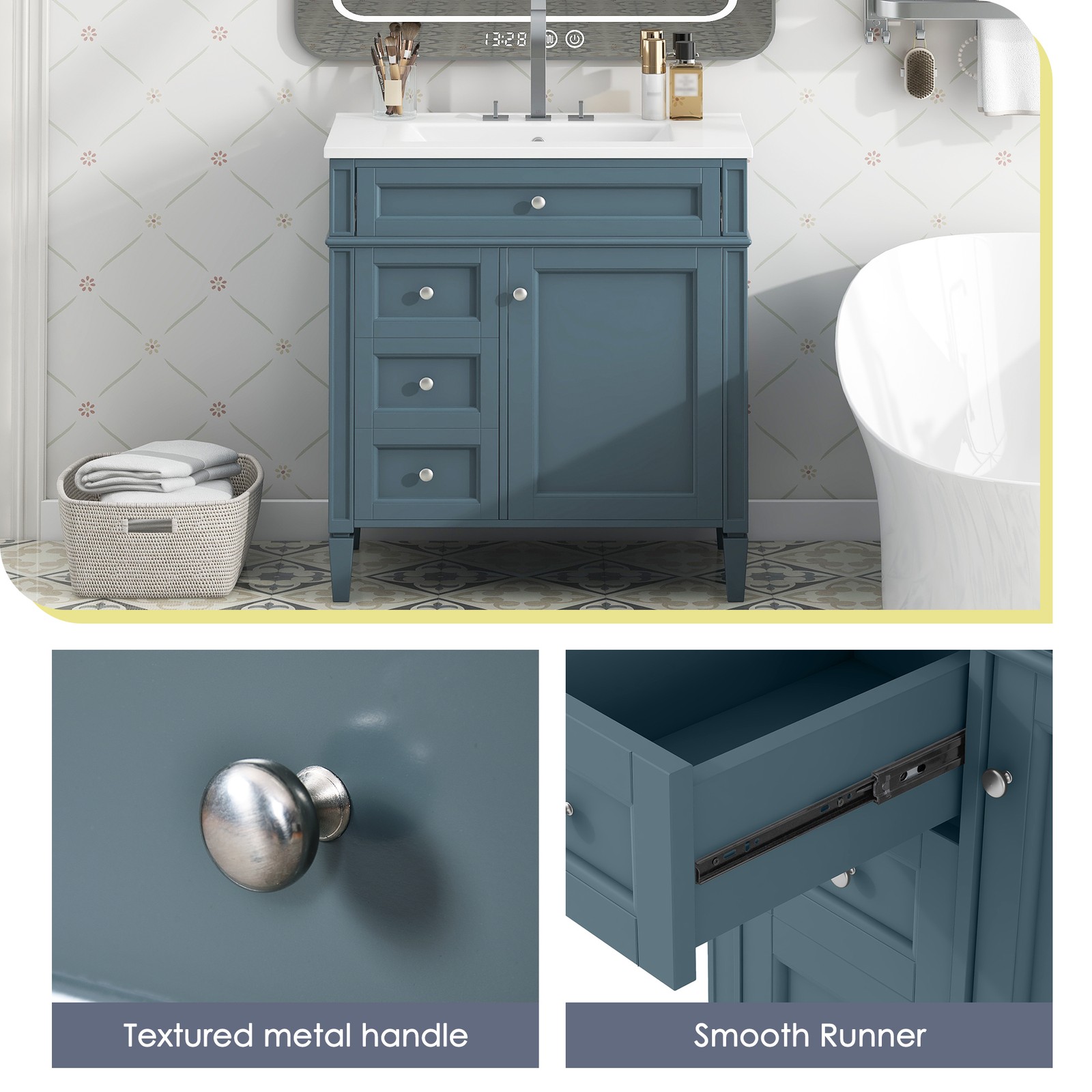 30″ Bathroom Vanity with Top Sink, 2 Drawers & Tip-Out Drawer