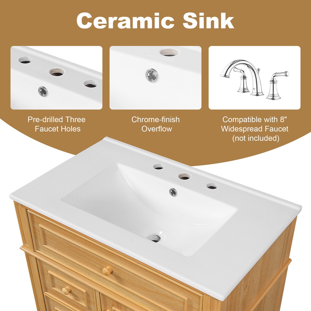 30″ Bathroom Vanity w/Ceramic Sink, Freestanding Bath Vanity Cabinet, 3 Drawers