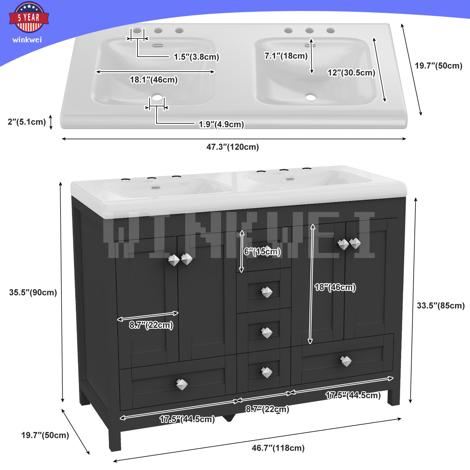 47.3″ Bathroom Vanity Cabinet w/ Double Ceramic Sinks ,2 Doors, 6 Drawers Black