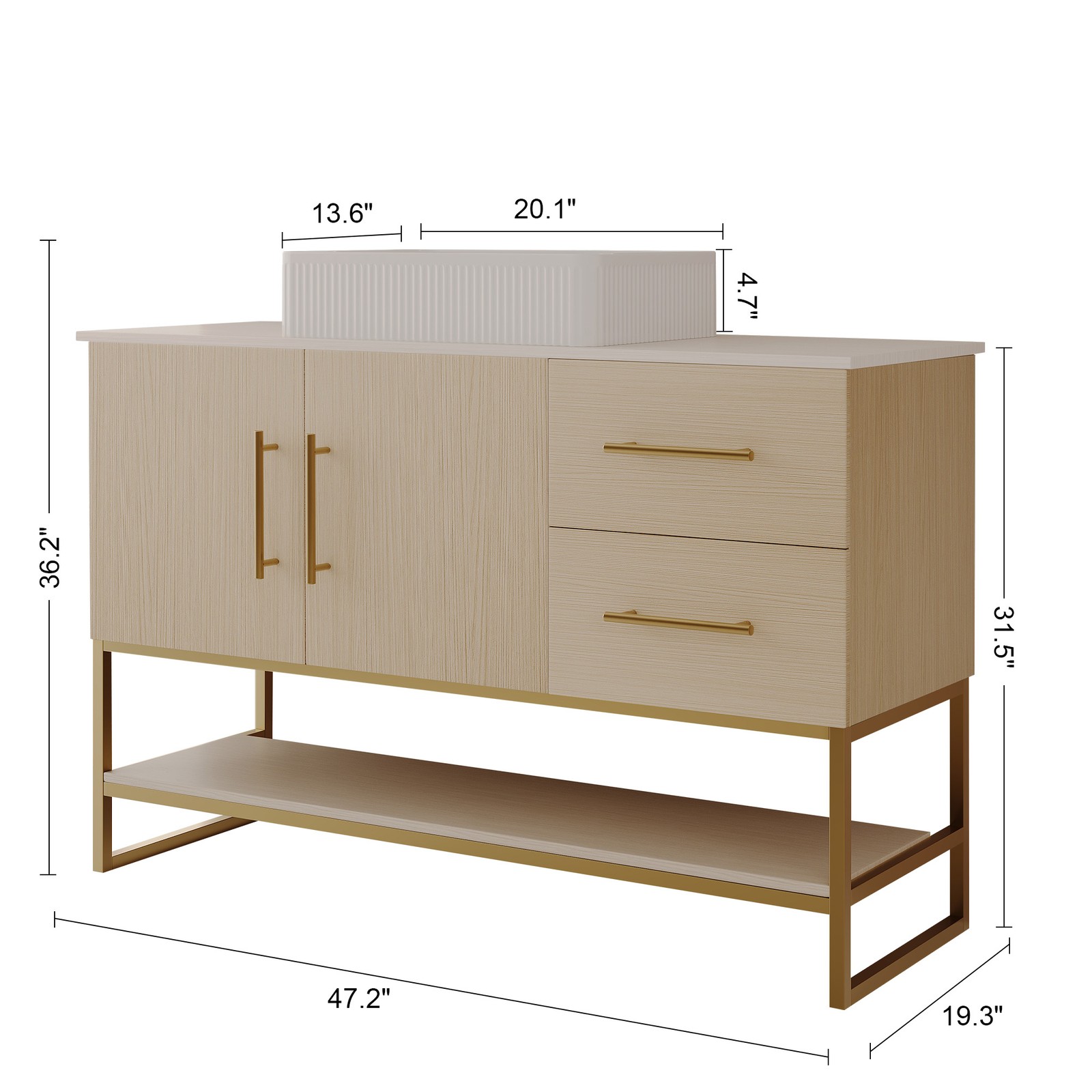 47.2″ Bathroom Vanity with Ceramic Sink, Gold Accent, White Oak