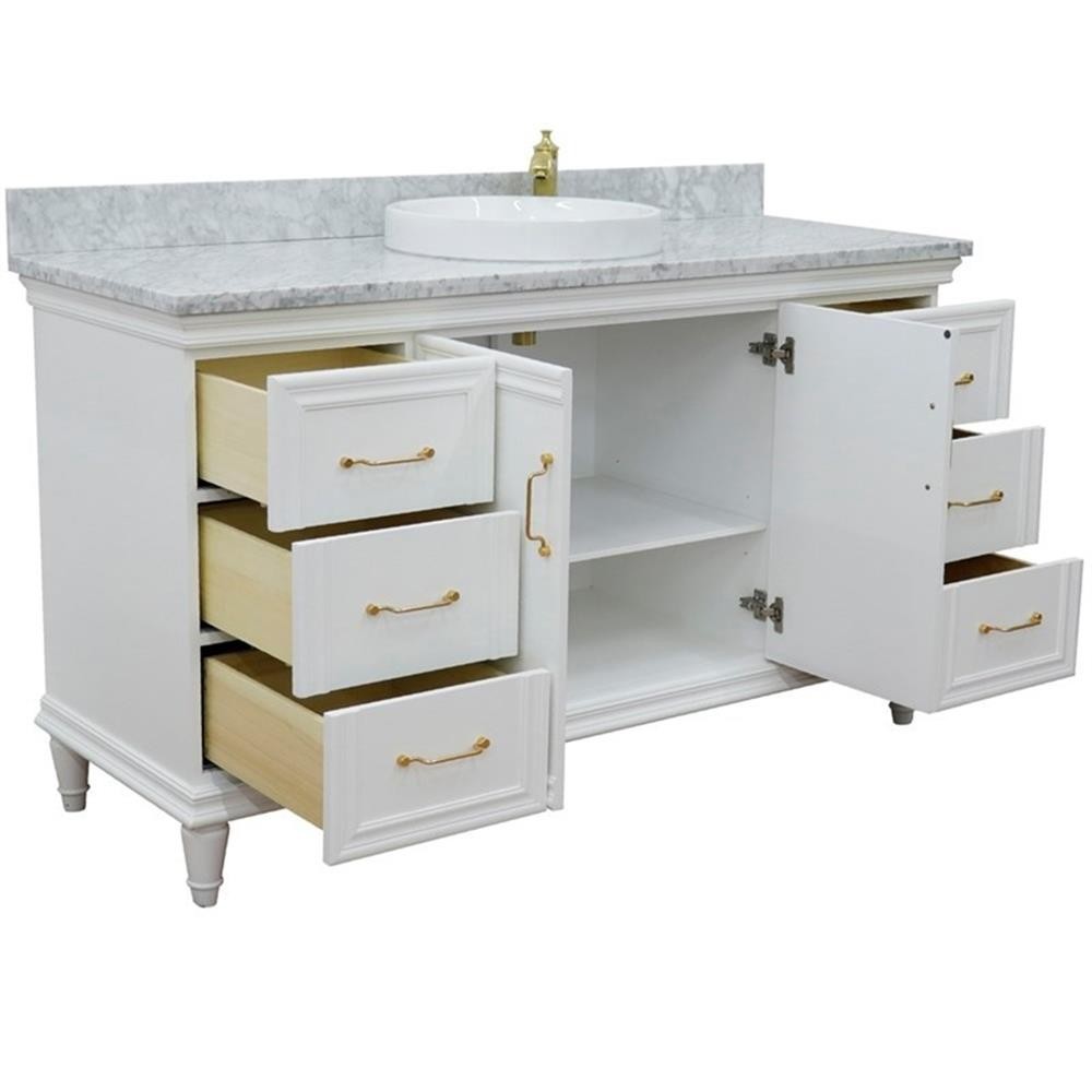 61 in. Single Wooden Vanity White with White Carrara Round Sink