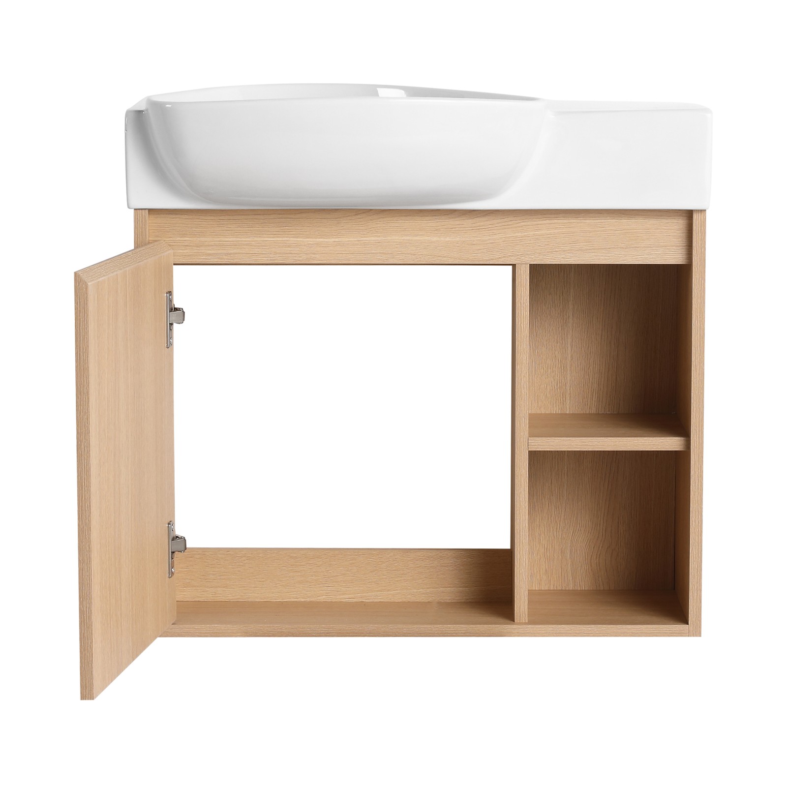 26in Plywood Wall-Mounted Bathroom Vanity W/ Ceramic Sink Basin Door Shelf Oak