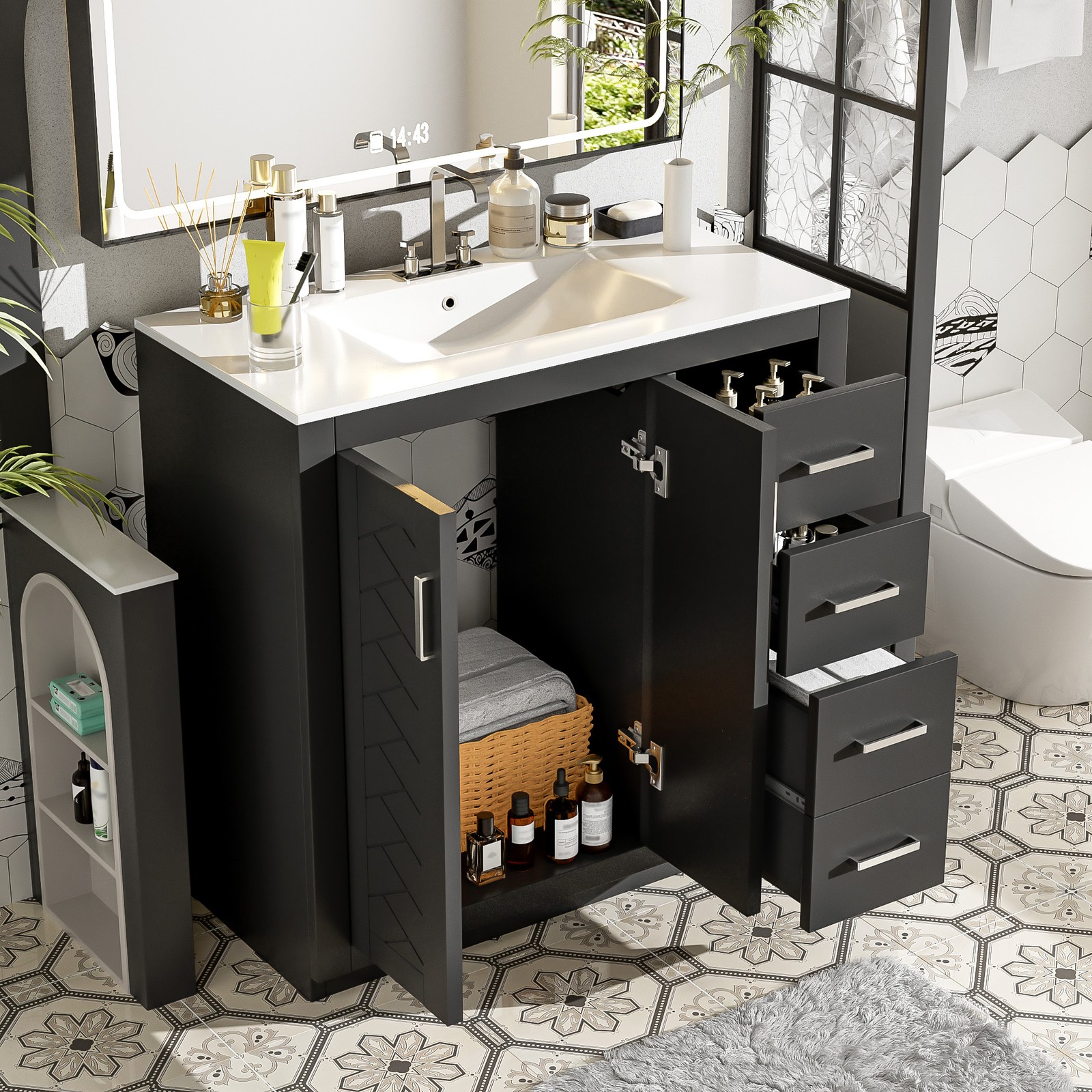 36″ Bathroom Vanity with Ceramic Sink, Solid Wood Frame, 3 Drawers, Black