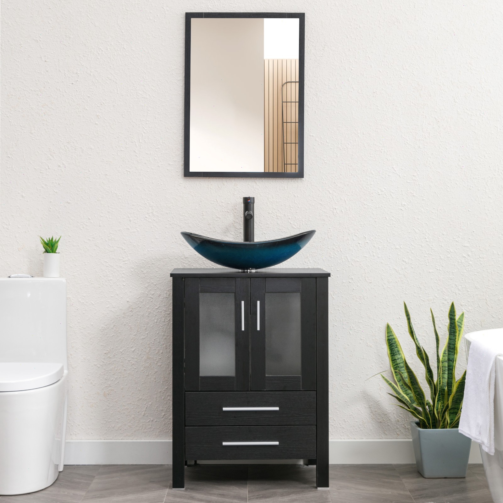 24″ Bathroom Vanity Cabinet Combo Organizer Top Vessel Sink W/ Faucet Drain Hose