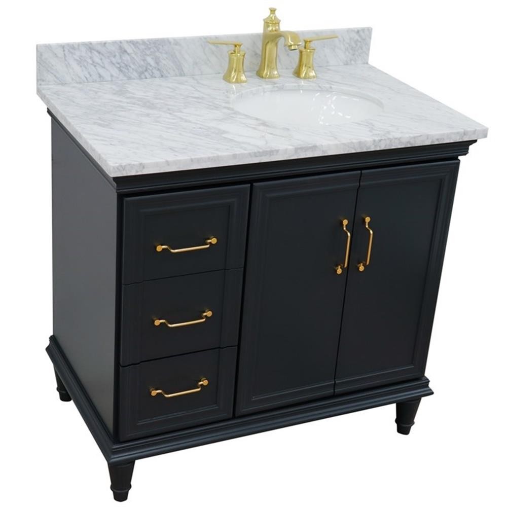 37 in. Single Wooden Vanity Dark Gray White Carrara Oval Right Door.Right Sink