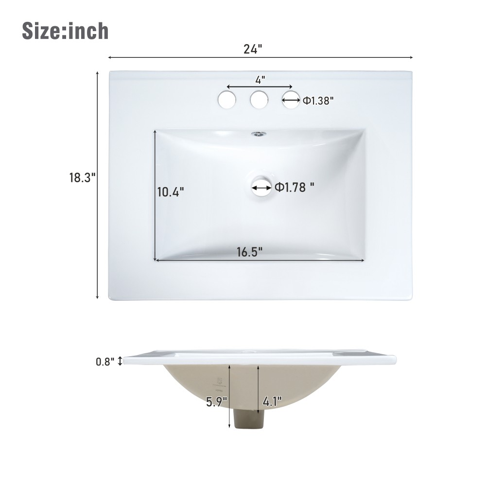 24-Inch Bathroom Vanity Cabinet with Ceramic Sink, 2 Drawers, 1 Door