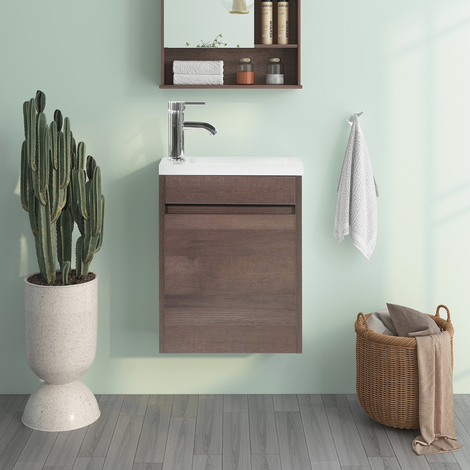 16″ Bathroom Vanity With Sink Wall Mount Floating Cabinet for Small Roomw/Faucet