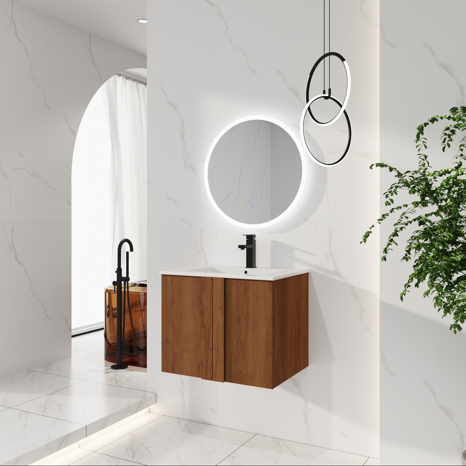 24″ Floating Bathroom Vanity with Sink, Brown Ebony Cabinet, Soft-Close Doors
