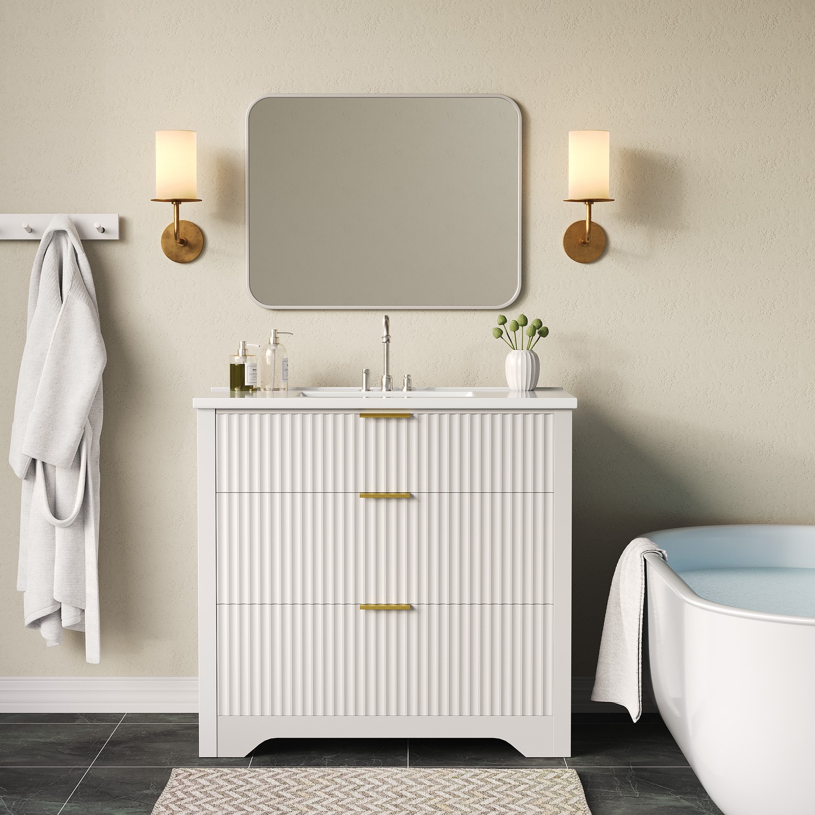 36” Fluted Bathroom Vanity Modern Freestanding Cabinet with Sink & 3 Drawers