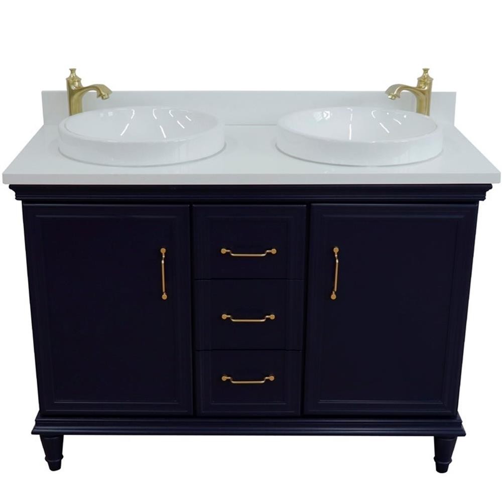 49 in. Double Wooden Vanity Blue with White Quartz Round Sink