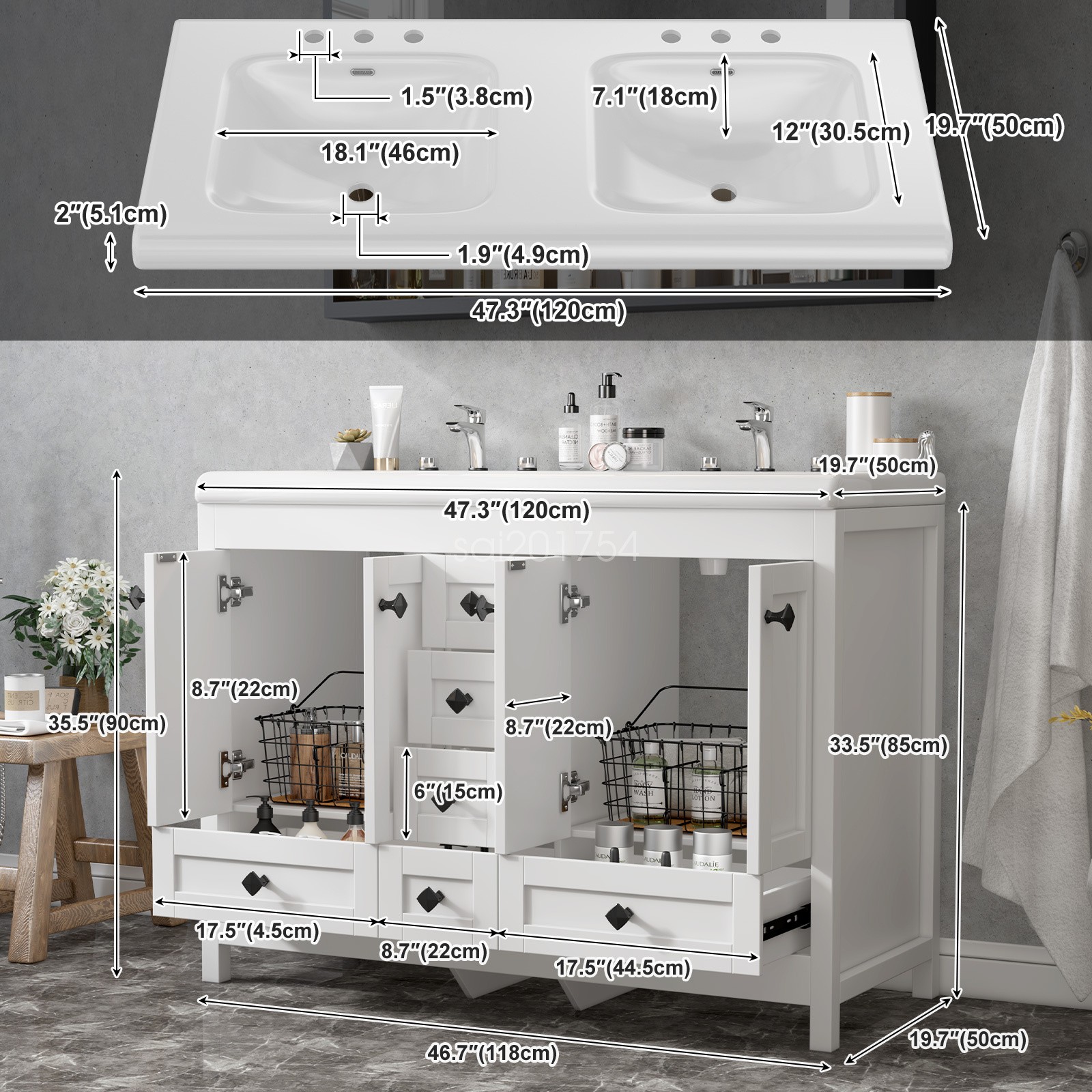 47.3″ Bathroom Vanity Freestanding Double-Basin Ceramic Sink Cabinet Washbasin
