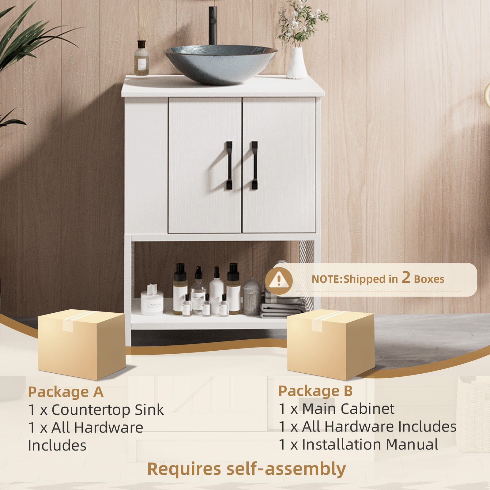 24″ Small Bathroom Vanity w/ Tempered Glass Sink Freestanding Cabinet Open Shelf