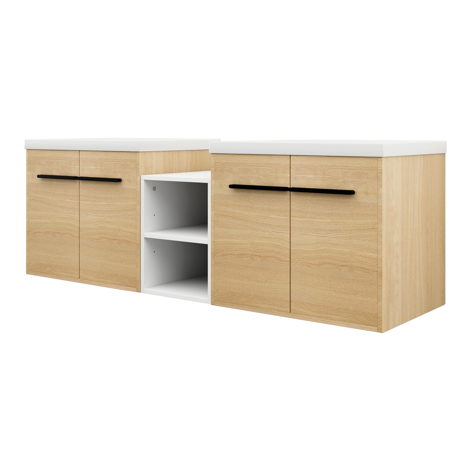 60 Inch Wall Mounted Bathroom Vanity with Resin Sink, 4 Doors & Shelves
