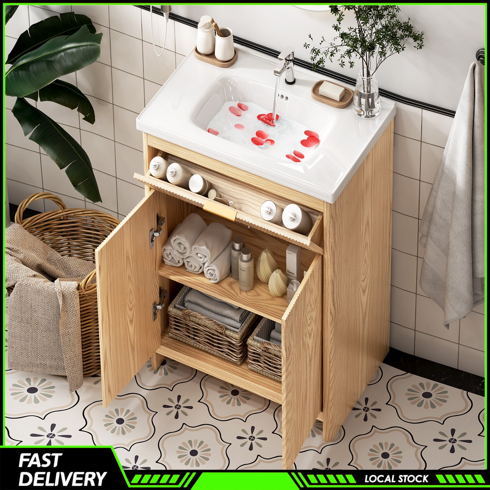23.6 Inch Bathroom Vanity Wooden Freestanding Cabinet Ceramic Sink for Bathroom