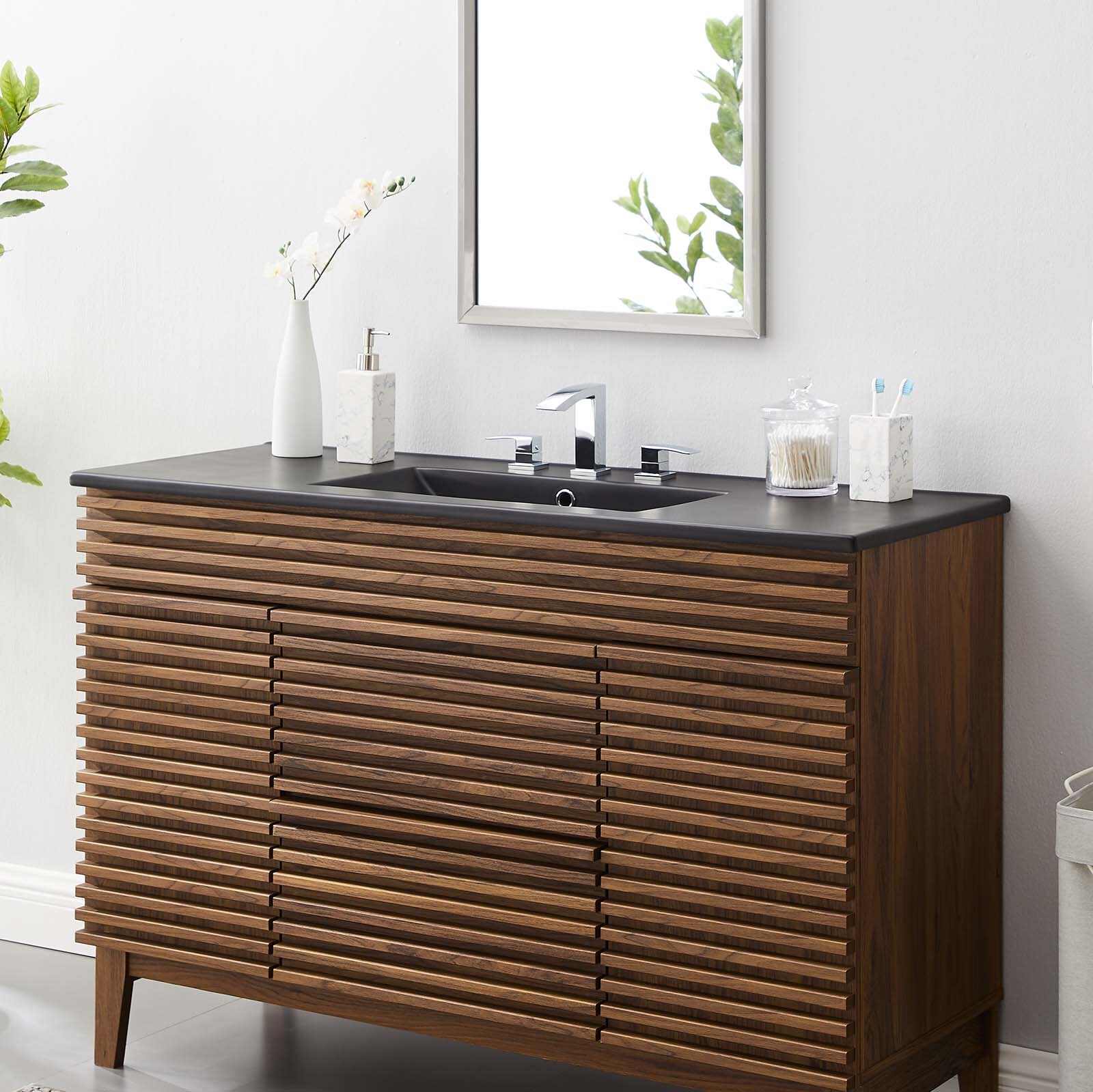 Modway Cayman Modern 48″ Bathroom Sink in Black With Rectangular Basin