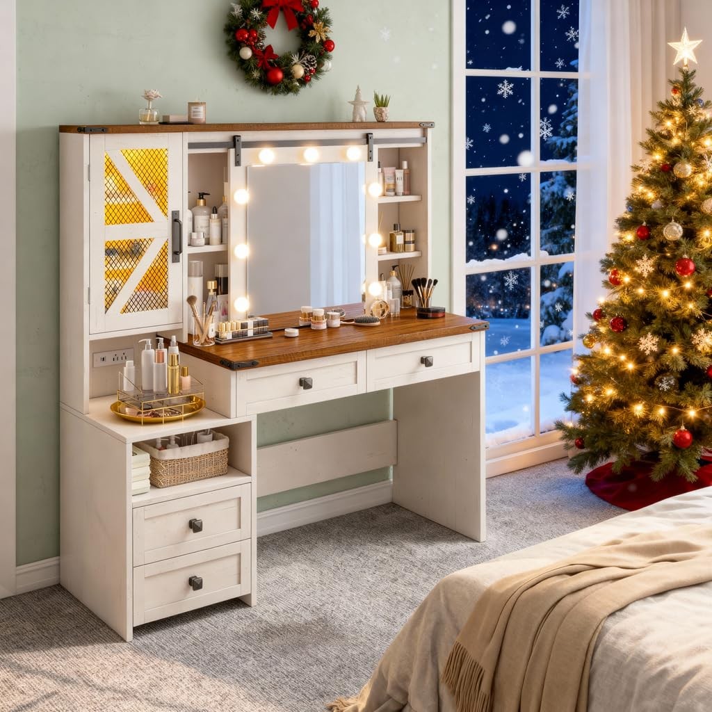 48W Vanity Desk Sliding Mirror 4 Drawers 2 Cabinets 3-Color Lights Antique White