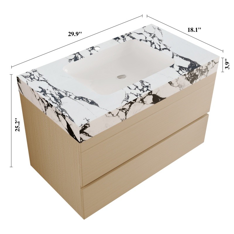 29.9″ Modern Floating Bathroom Vanity with Faux Marble Top and Ceramic Sink