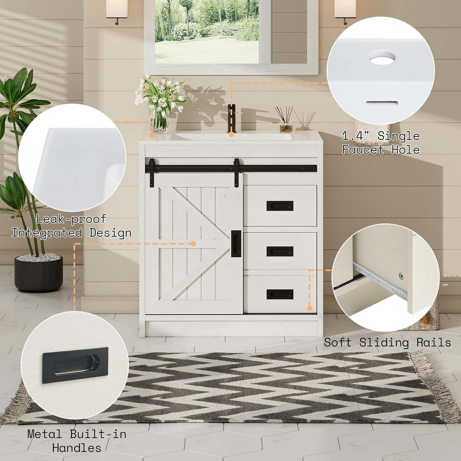 AMERLIFE Farmhouse Bathroom Vanity with Sink Combo, 30In Sliding Barn Door Bathr